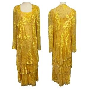Cameron Blake 100% Silk Dress + Cover Sz 12 Yellow Floral Fancy Formal Wedding